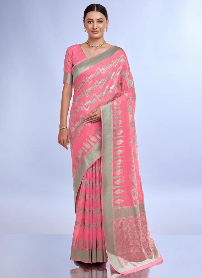 Linen Silk Pink Casual Wear Jacquard Work Saree